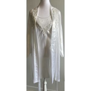 Vtg Wedding Engagement Nightgown Robe Set Satin Lace Bridal Embroidered 1980s L